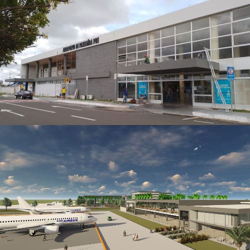 A fachada e terminal de passageiros começam a ter novo aspecto; e ao final das obras, o aeroporto de Parnaíba será mais moderno e confortável como a foto de baixo